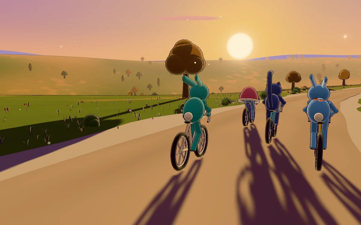 Four creatures ride bikes down a meadow road towards a low evening sun: a teal rabbit, a turtle with a berry-red shell, a slate-blue cat with its tail held high and a sky-blue rabbit.